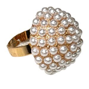 Gold Tone Pearl Cluster Statement Ring Adjustable Large Dome Cocktail